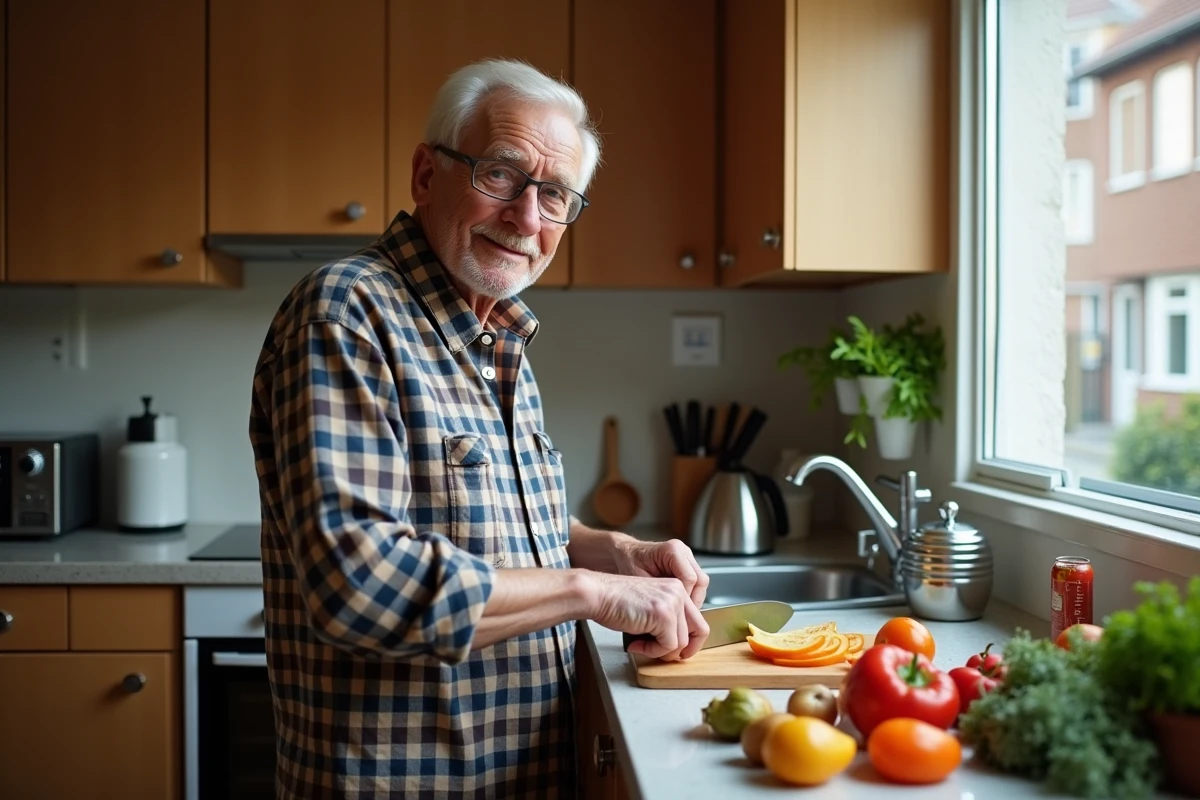 Un homme âgé autonome préparant son repas seul dans sa cuisine, illustrant l'autonomie partielle du GIR 5 sans aide APA