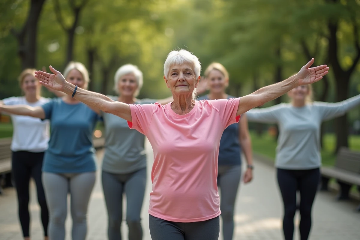 Une femme âgée active participant à un cours de stretching en plein air avec d'autres seniors, illustrant l'autonomie complète et la prévention de la perte d'autonomie du GIR 6
