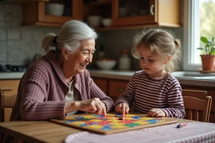 Grand-mère et petite-fille jouant à un jeu de société ensemble autour d'une table en bois dans une cuisine chaleureuse