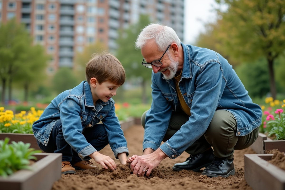 Grand-pere et enfant plantant des fleurs dans un jardin