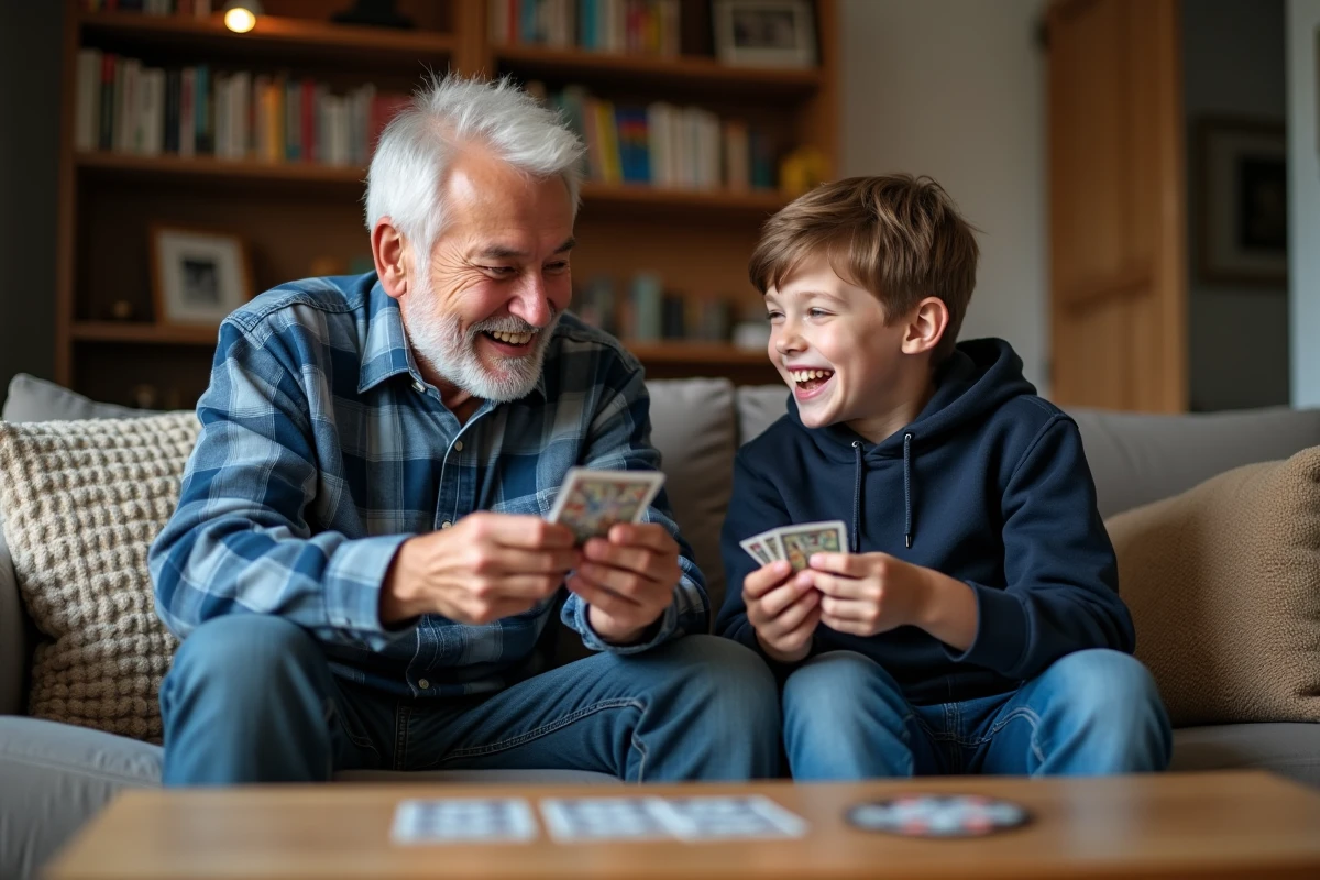 Grand-père et petit-fils riant ensemble en jouant aux cartes sur un canapé dans un salon familial