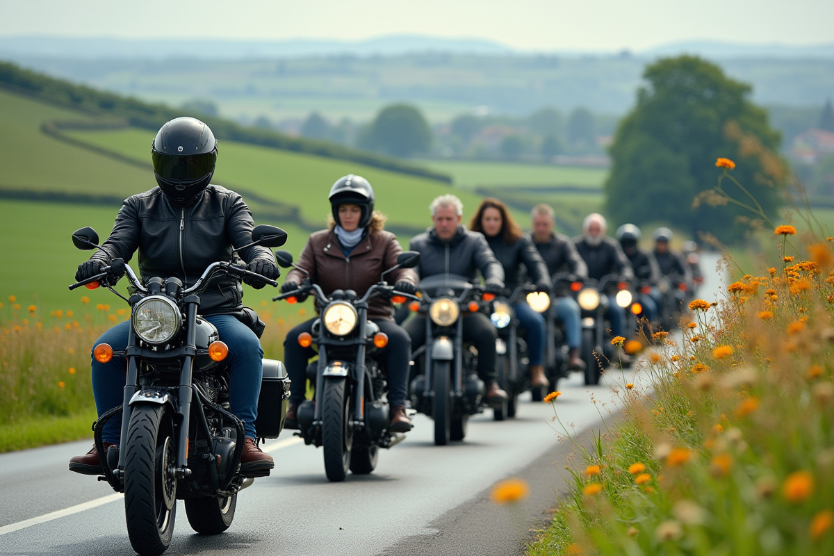 Groupe de bikers devant une statue de saint dans la campagne