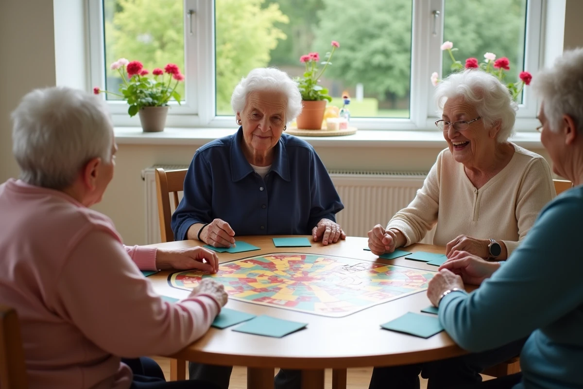 Groupe de personnes âgées jouant à un jeu de société adapté autour d'une table en maison de retraite