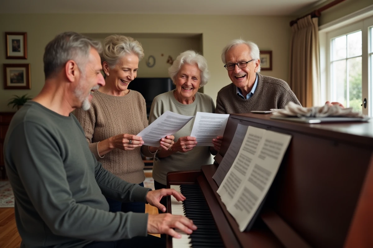 Groupe d'amis seniors répétant une chanson personnalisée autour d'un piano pour une fête de retraite