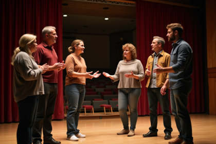 Groupe divers en répétition dans un théâtre modeste