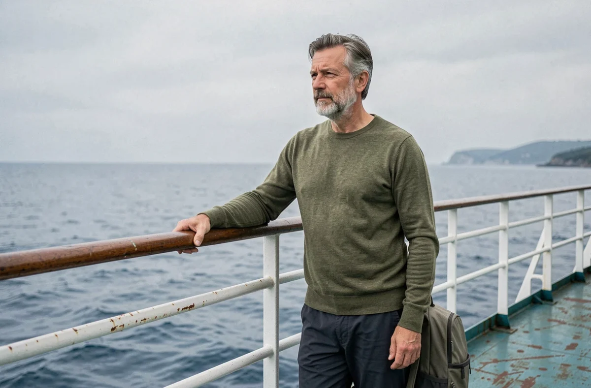 Homme de 50 ans en voyage solo sur un ferry en mer, regardant l'horizon avec sérénité et indépendance