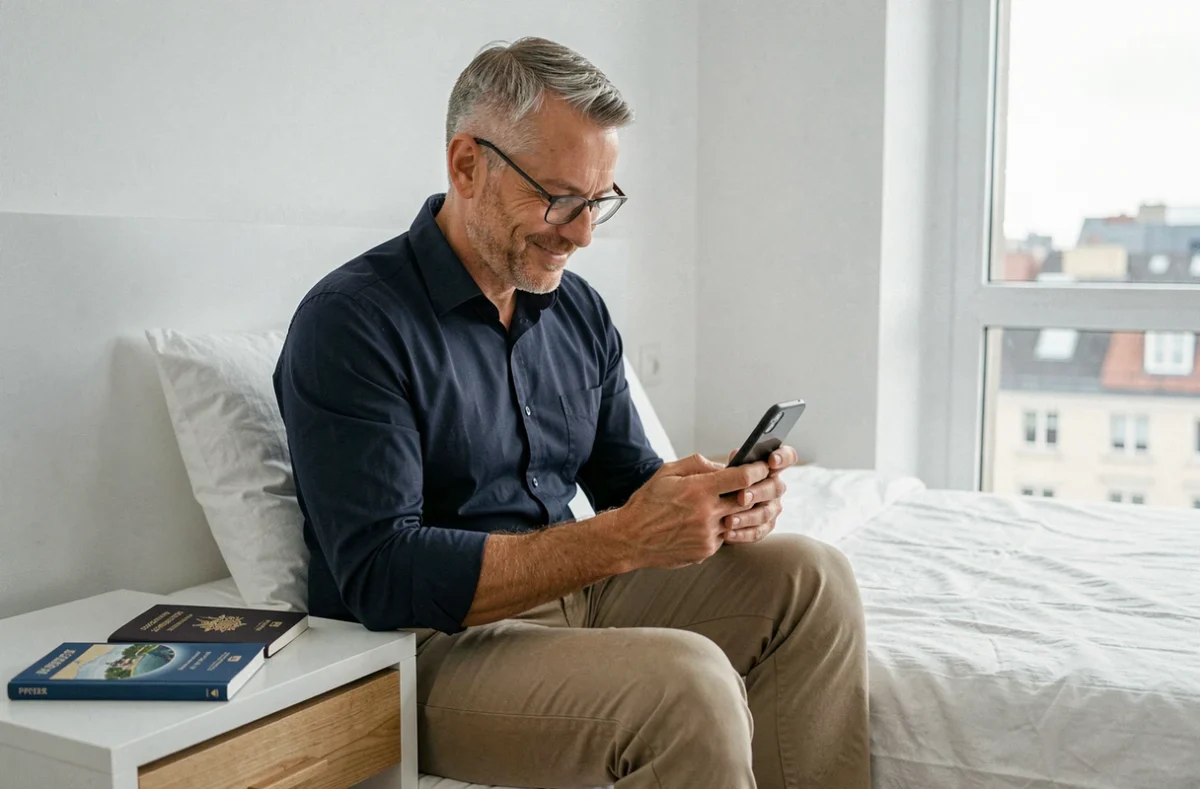 Homme de 50 ans voyageant seul dans un hôtel moderne, détendu avec son smartphone et un guide de voyage sur la table de nuit