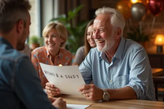 Homme de 70 ans riant avec famille lors d'un anniversaire