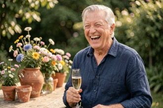 Homme de 70 ans souriant tenant une coupe de champagne lors d'une fête d'anniversaire en plein air dans un jardin fleuri
