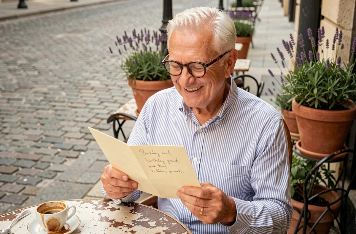 Homme de 70 ans souriant lisant une carte d'anniversaire manuscrite en terrasse de café avec un espresso