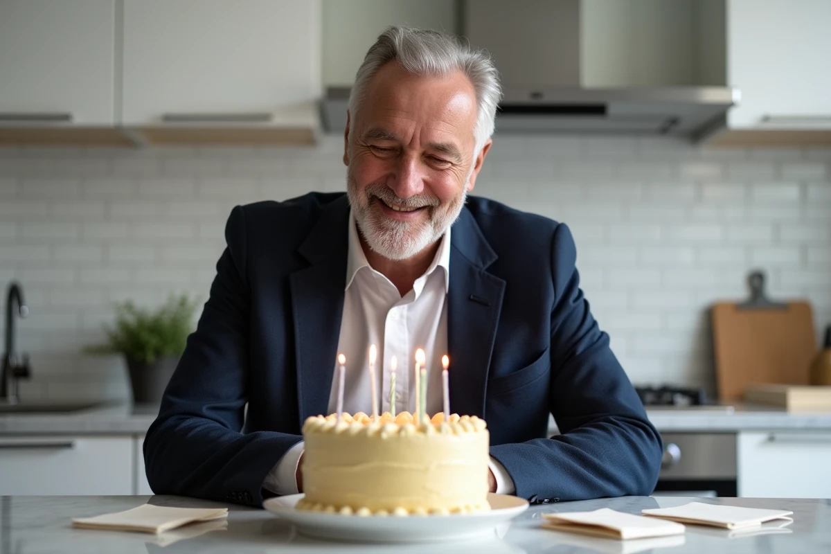 Homme élégant de 70 ans soufflant les bougies de son gâteau d'anniversaire dans une cuisine moderne avec sourire bienveillant