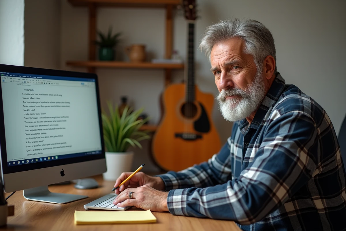 Homme en train d'adapter des paroles de chanson connue pour une retraite sur son ordinateur portable à la maison