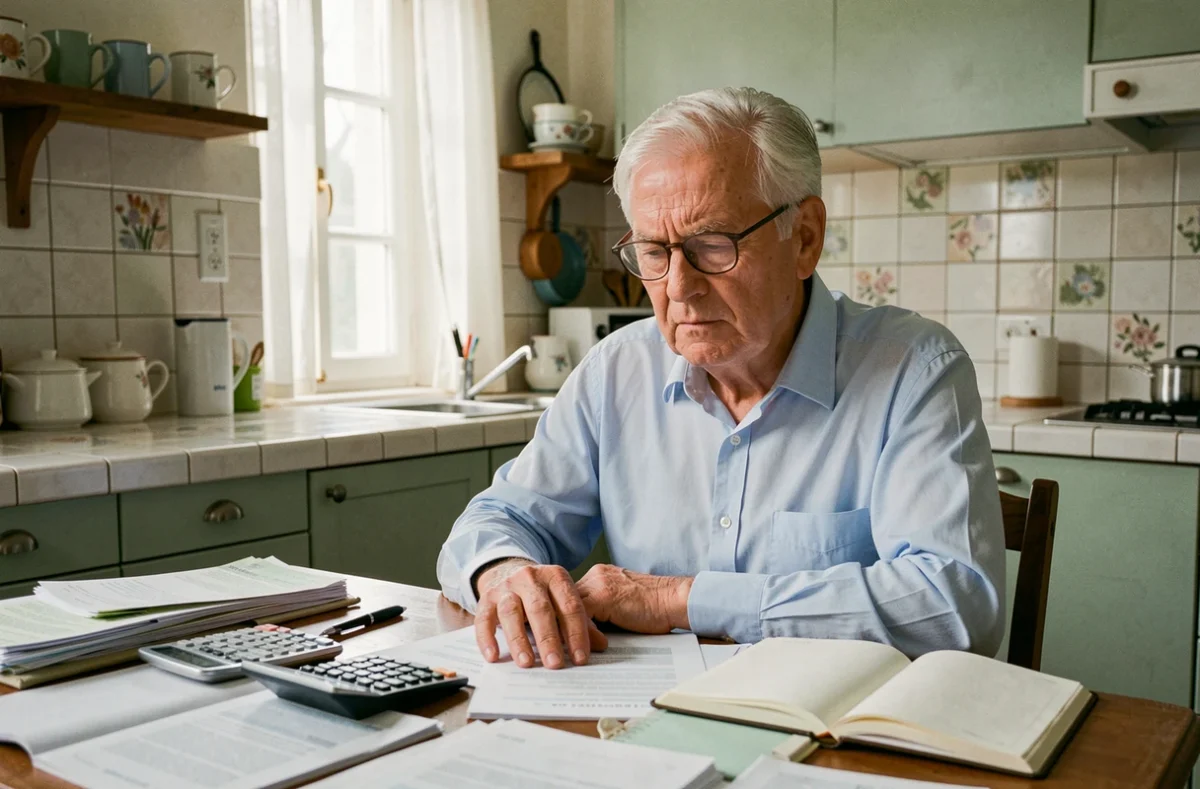 Un homme âgé examine des relevés bancaires à sa table de cuisine dans le contexte d'une gestion financière sous curatelle