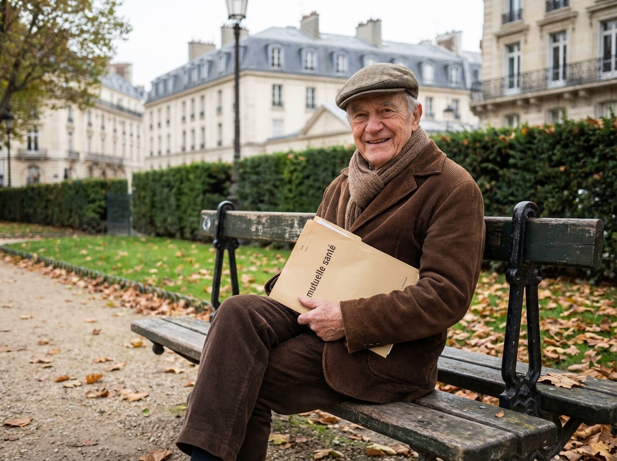 Homme âgé souriant dans un parc parisien avec dossier santé