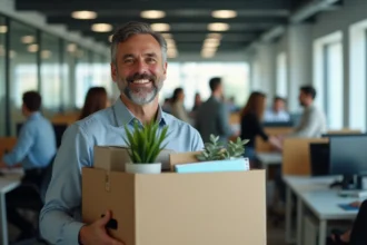 Homme d'affaires souriant tenant une boîte de souvenirs de bureau