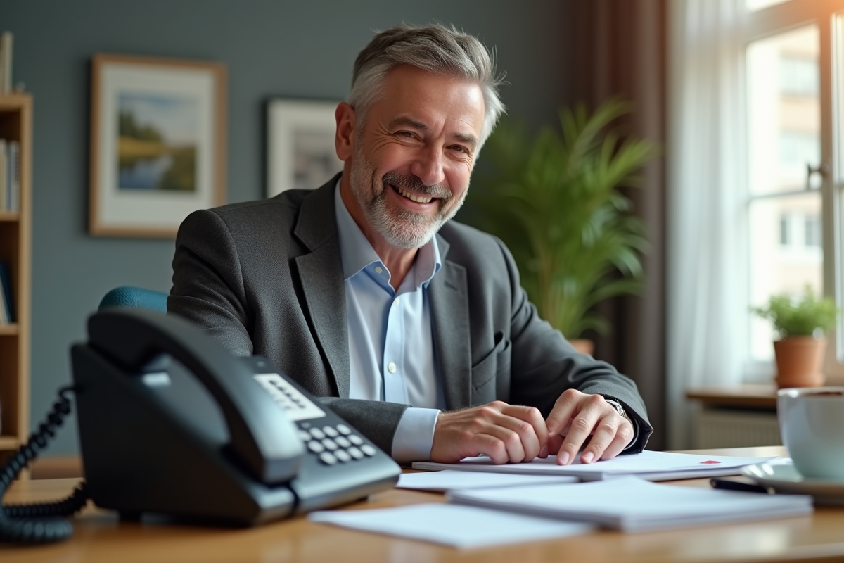 Homme souriant utilisant un bouton d urgence au bureau