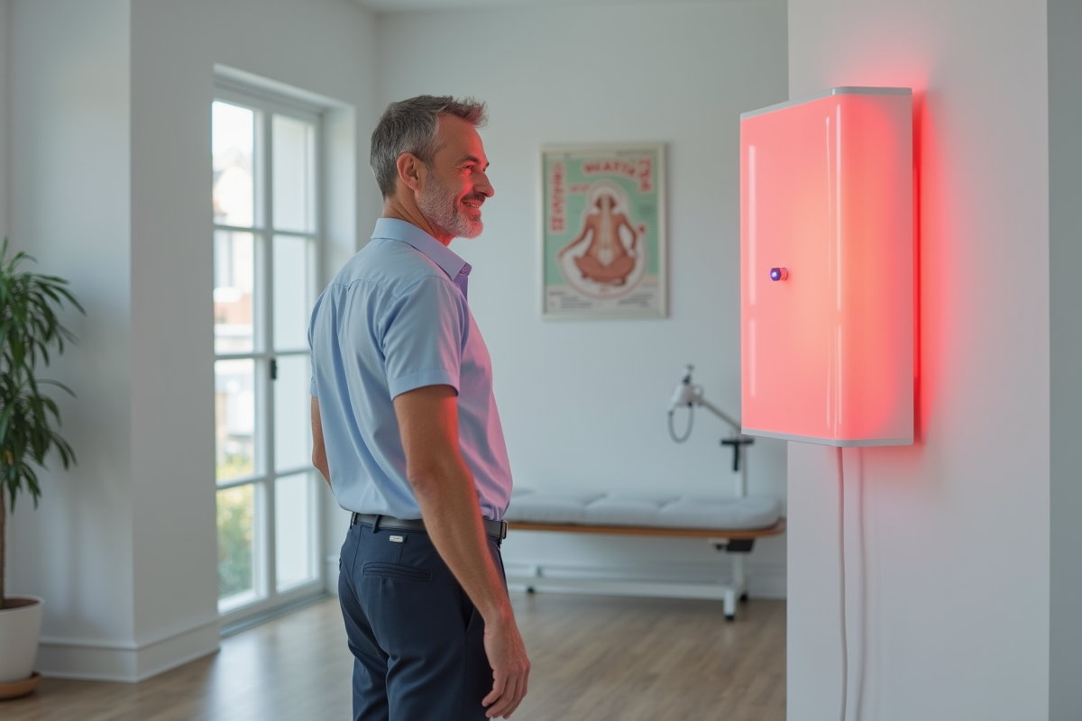 Homme en clinique utilisant un panneau de luminotherapie