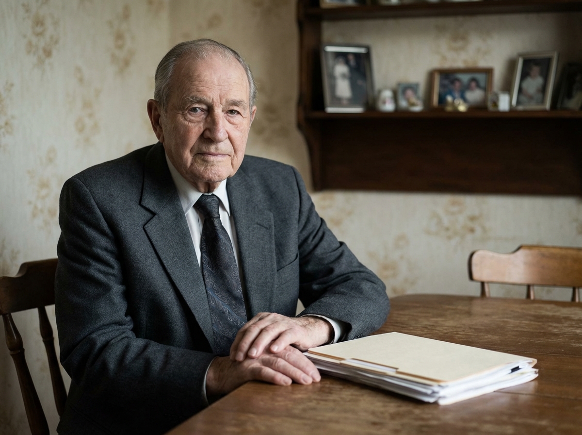 Homme âgé en costume assis à une table avec papiers