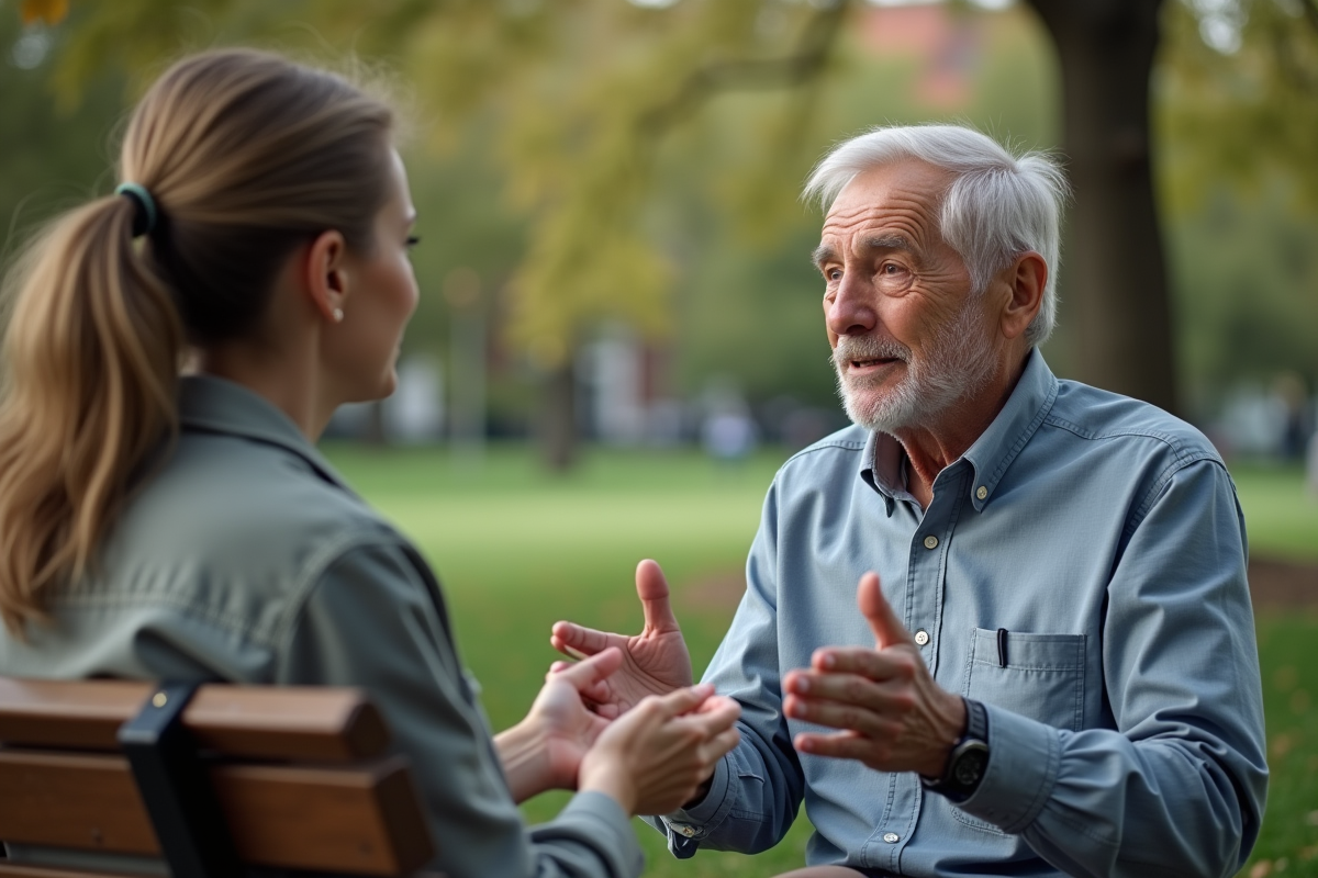 Homme âgé en plein air dans un parc en discussion avec une jeune femme