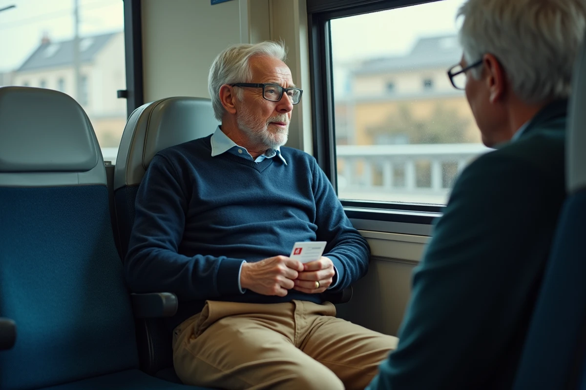 Homme âgé regardant par la fenêtre dans un train RER en Île-de-France