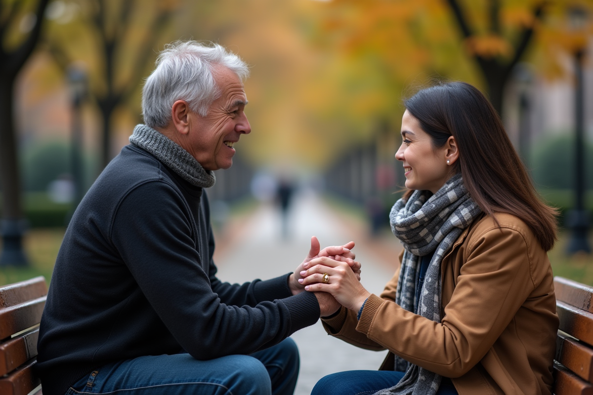 Un homme et une femme se tiennent la main sur un banc de parc