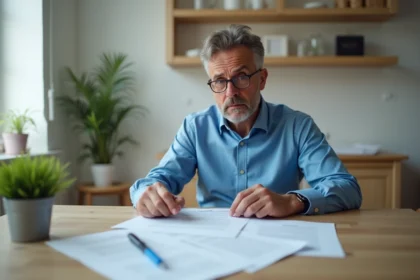 Homme français en chemise bleue examine des papiers importants
