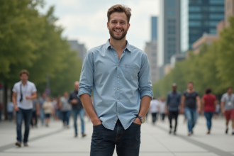 Homme très grand dans une place urbaine en ville