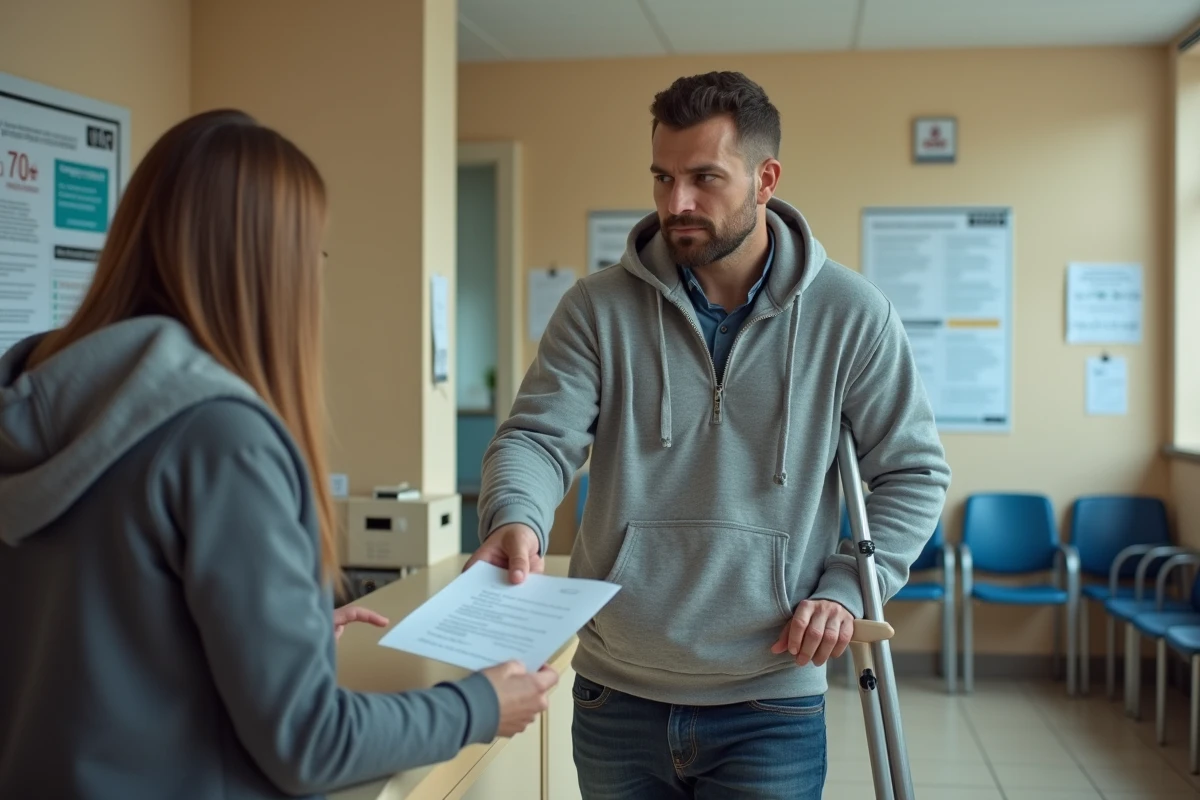 Homme en situation de handicap déposant un dossier à un guichet de service social pour l'allocation aux adultes handicapés AAH 2026