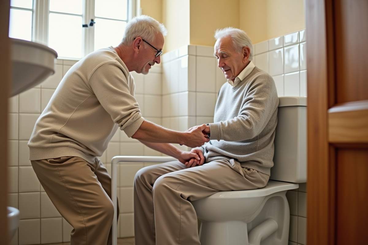 Homme âgé installe un riser de toilette dans une salle de bain lumineuse