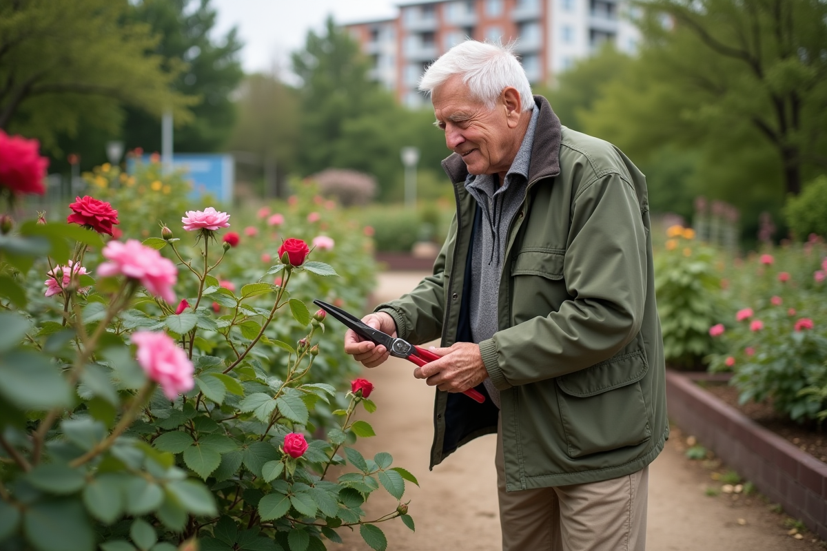 Homme retraité taillant des rosiers dans un jardin communautaire