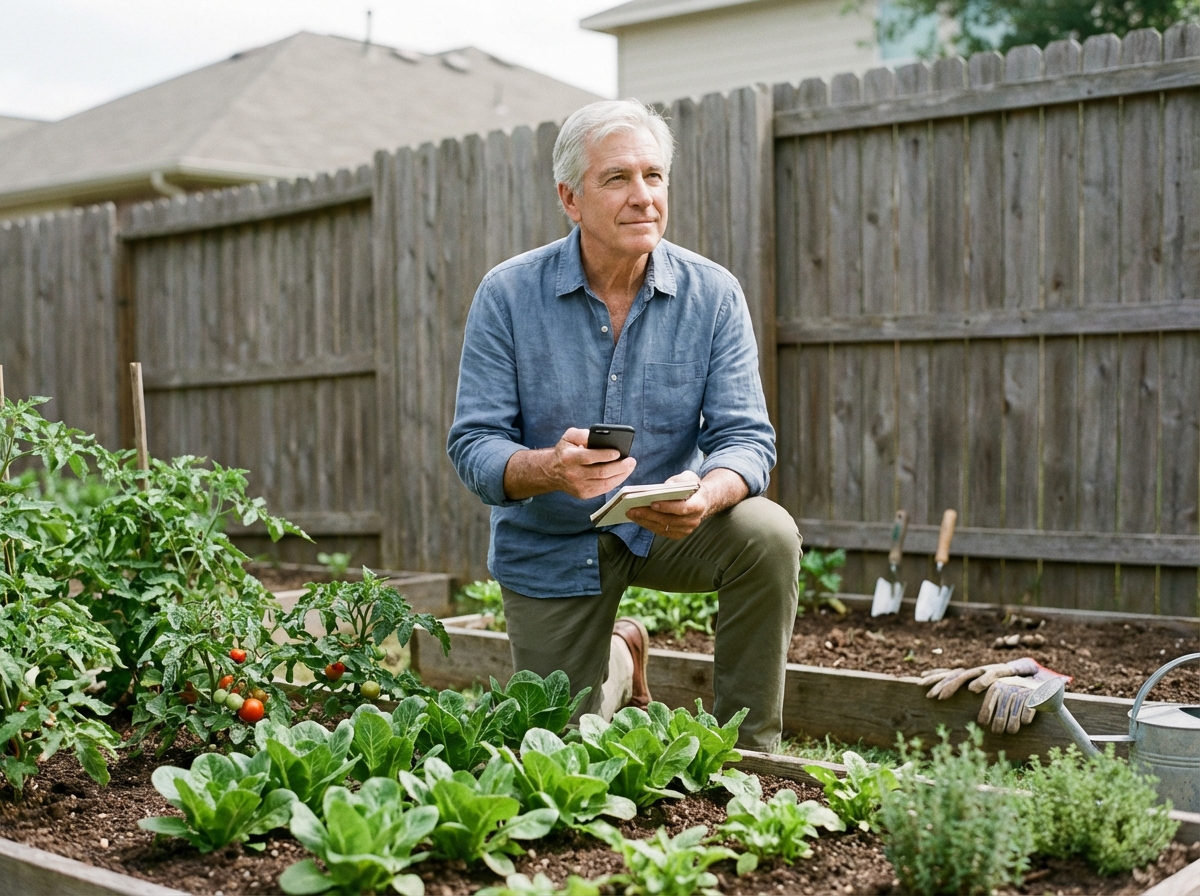 Homme retraité cultivant son jardin avec smartphone et carnet