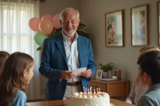 Homme de 70 ans riant recevant une carte d'anniversaire en famille