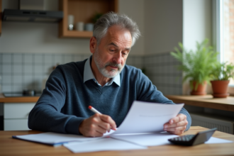 Homme d'âge moyen examine des papiers dans sa cuisine belge
