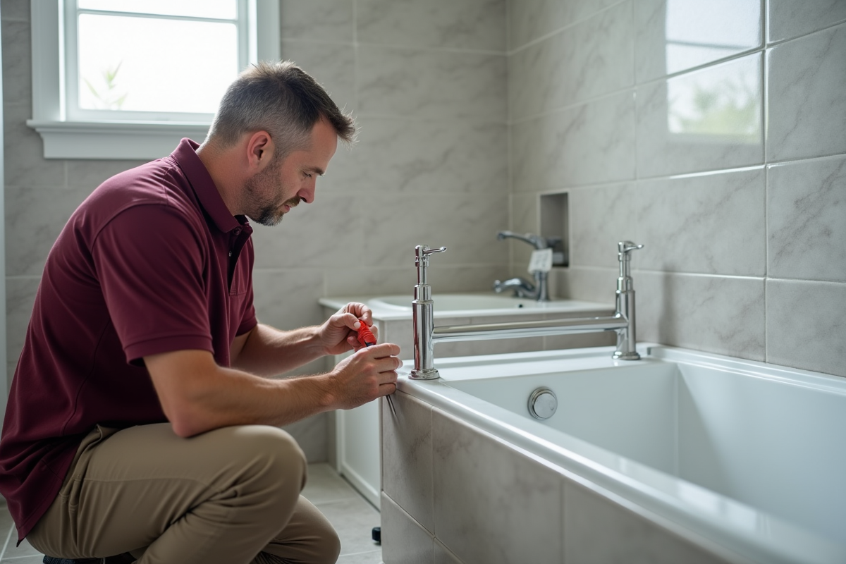 Homme moyen age fixant une barre de support dans la salle de bain