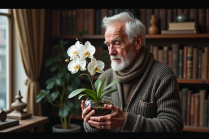 Homme âgé tenant une orchidée rare dans un intérieur chaleureux