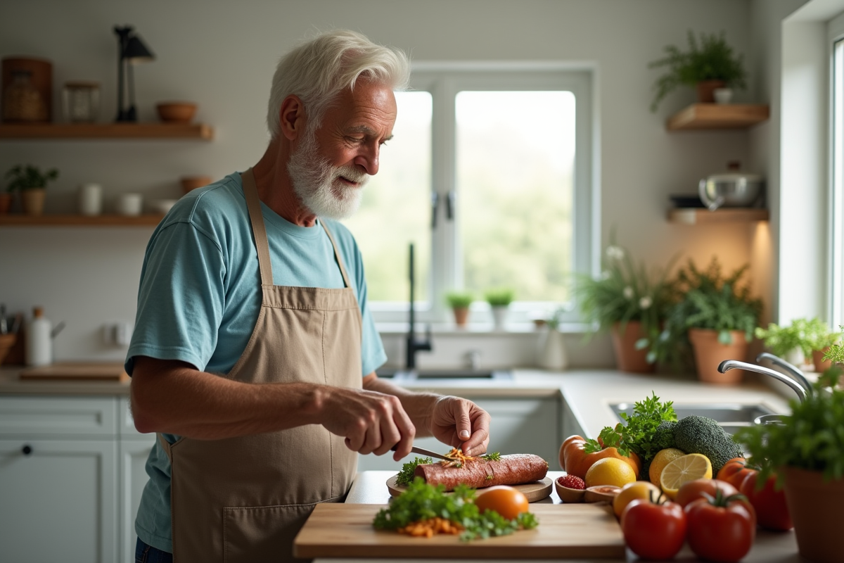 Homme senior cuisinant un repas sain dans la cuisine