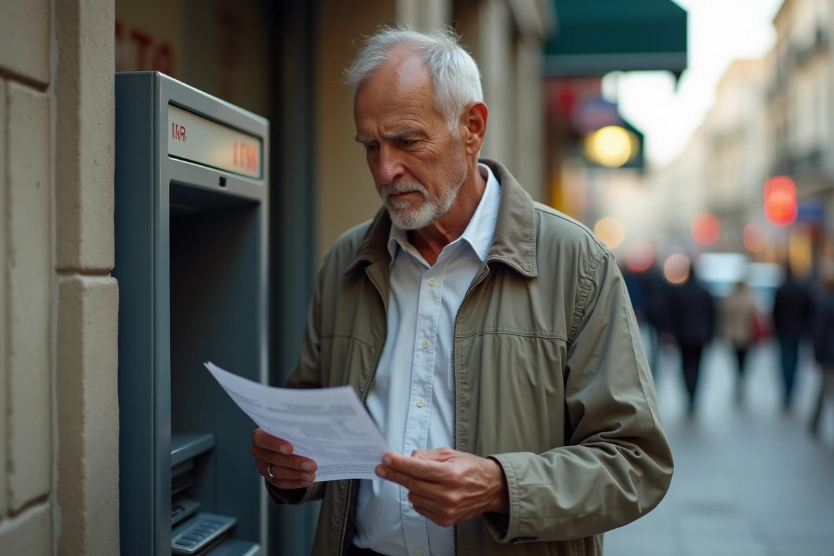 Homme retraité vérifiant son solde à un distributeur automatique