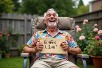 Homme retraité heureux dans son jardin tenant une pancarte humoristique pour célébrer sa retraite