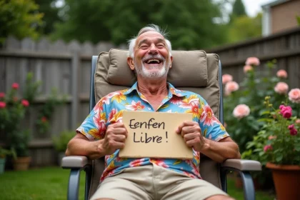 Homme retraité heureux dans son jardin tenant une pancarte humoristique pour célébrer sa retraite