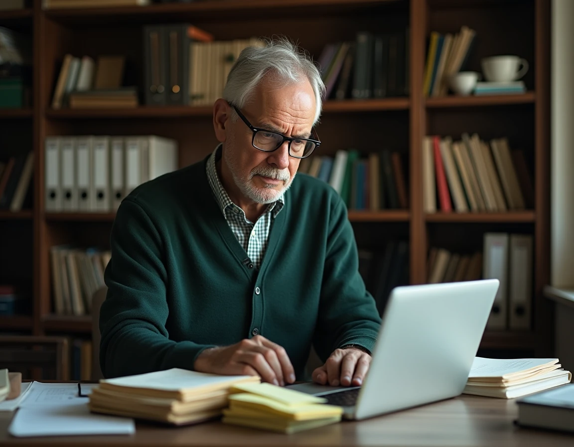 Homme retraité consultant un portail gouvernemental de pension en ligne pour corriger des erreurs de droits à la retraite