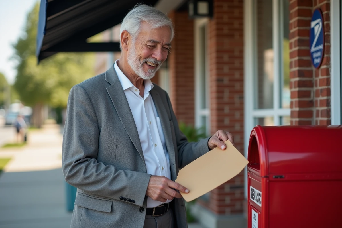 Homme retraité glissant une enveloppe dans une boîte aux lettres devant le bureau de poste