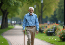 Homme senior marche dans un parc avec canne en main