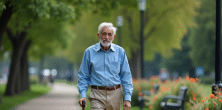 Cannes de marche : utilité pour marcher confortablement ? Homme senior marche dans un parc avec canne en main
