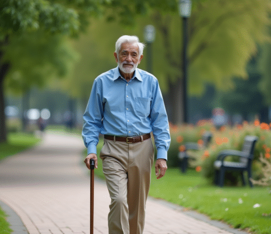 Cannes de marche : utilité pour marcher confortablement ? Homme senior marche dans un parc avec canne en main