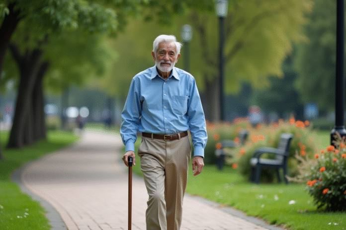 Homme senior marche dans un parc avec canne en main