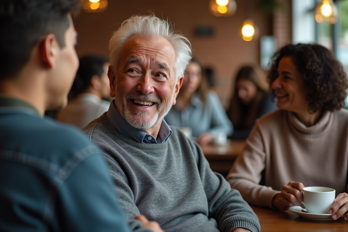 Homme âgé souriant dans un café convivial avec groupe