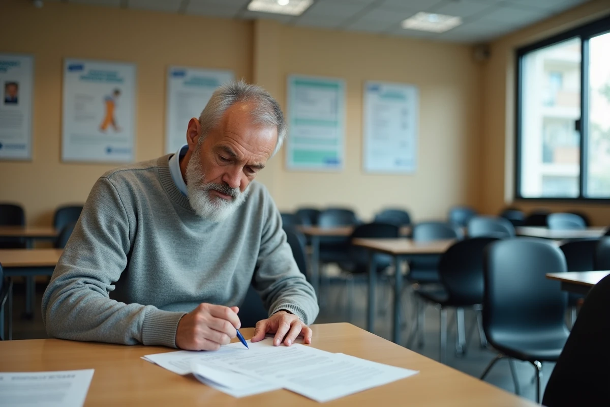 Homme senior consultant son projet personnalisé d'emploi dans une salle d'attente de l'agence France Travail