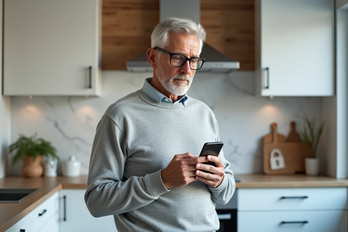 Homme senior vérifiant une notification de sécurité de données sur son smartphone dans une cuisine moderne