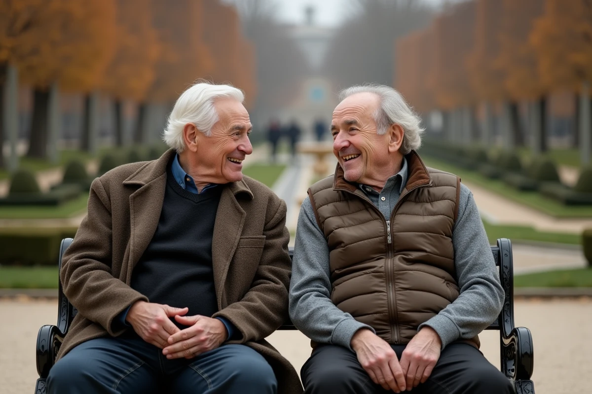 Deux hommes seniors en conversation animée sur un banc dans un jardin parisien en automne