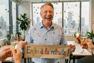 Homme souriant à la retraite tenant une banderole humoristique lors d'une fête de départ au bureau